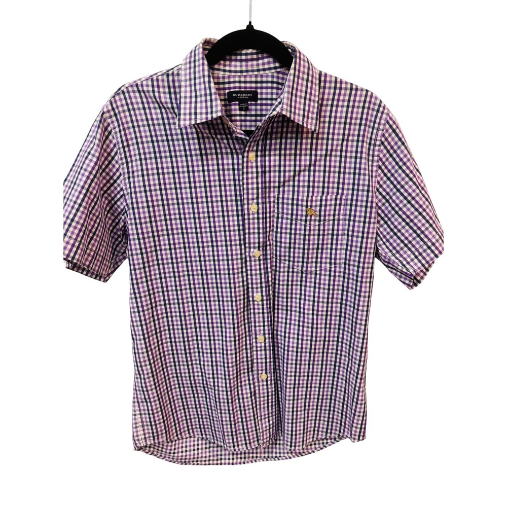 Burberry London Mens Purple Gingham Short Sleeve Button Down Shirt Size S Knight